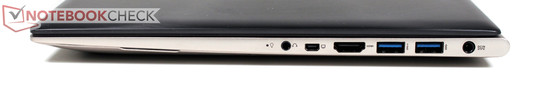 Lado direito: Áudio, Mini-VGA, HDMI, 2x USB 3.0,conector de força