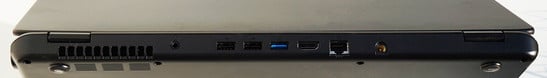 Porta para fones, 2x USB 2.0, USB 3.0, HDMI, Gigabit Ethernet, conector de força no lado posterior. Seguro Kensington à direita, leitor de cartões à esquerda. Excepcionalmente, o botão interruptor está na borda frontal