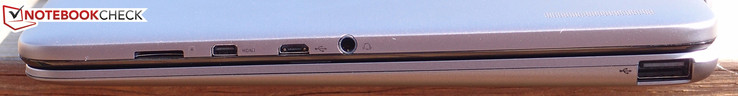 Right: microSD card reader, micro-HDMI, micro-USB 2.0, combo audio, full-sized USB 2.0 (below on keyboard base unit)