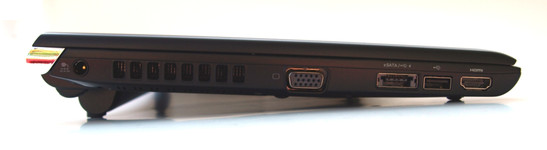 Lado Esquerdo: Conexão de força, ventilador, VGA, combo eSATA/USB, USB 2.0, HDMI