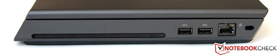 Lado direito: gravador de DVD, 2x USB 2.0, LAN, Seguro Kensington