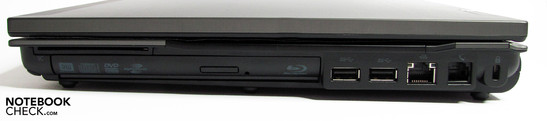 Lado direito: SmartCard, BluRay combo, 2 USB 3.0s, LAN, modem, Kensington