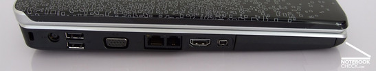 Lado Esquerdo: Fecho Kensington, Ligação à Corrente, 2x USB, VGA, LAN, Modem, HDMI, Firewire