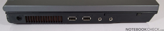 Lado esquerdo: Ligação à corrente, 2x USB, Audio e PCMCIA