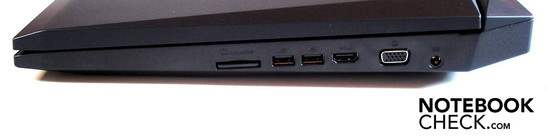Lado Direito: leitor de cartões, 2 x USB 2.0, HDMI, VGA, conector de força