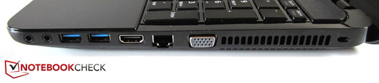 Lado Direito: Fones, Microfone, 2x USB 3.0, HDMI, RJ-45 Gigabit LAN, VGA, Seguro Kensington