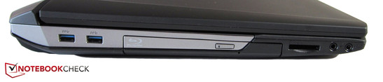 Esquerda: 2x USB 3.0, gravador de Blu-ray, leitor de cartões, microfone, fones