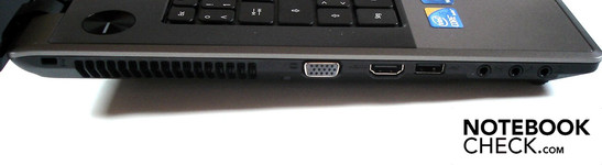 Lado esquerdo: Seguro Kensington, VGA, HDMI, USB 2.0, 3x Som