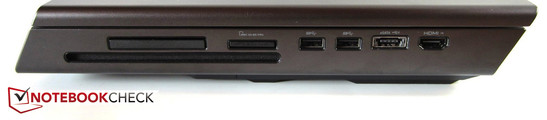 Lado direito: drive ótico, ExpressCard (54 mm), leitor de cartões 9-em-1r, 2x USB 3.0, eSATA- / USB-2.0-Combo, Entrada HDMI