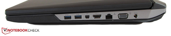 Direita: 2x USB 3.0, Mini-DisplayPort, HDMI, RJ-45 Gigabit LAN, VGA, conector de força