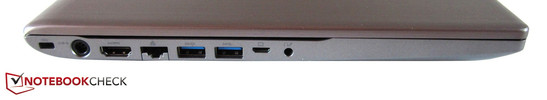Esquerda: Seguro Kensington, conector de força, HDMI, RJ45, Gigabit LAN, 2 USB 3.0,conector adaptador VGA, áudio