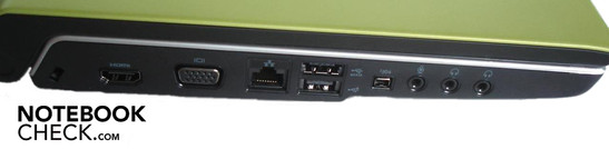 Lado Esquerdo: Seguro Kensington, HDMI, VGA, RJ-45 gigabit LAN, USB 2.0, eSATA/USB 2.0 Combo, Firewire, 3x áudio