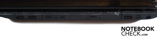 Lado Direito: 2x USB 2.0, gravador de DVD, USB 2.0, seguro Kensington