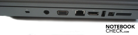 Esquerda: Bloqueio Kensington, Entrada DC, VGA, RJ-45, Gigabit LAN, porto de ecrã, USB 2.0, Firewire, Leitor de cartões 8-em-1