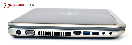 Lado esquerdo: força, VGA, HDMI, 2x USB 3.0,conector para microfone e fones
