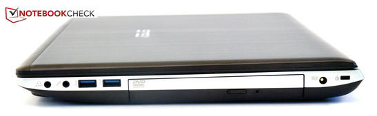 Lado direito: fones/SPDIF, microfone, 2x USB 3.0, Gravador de DVD, força, Seguro Kensington