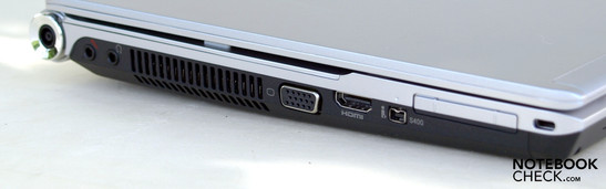 Lado Esquerdo: microfone, fones, ventilador, VGA, HDMI, FireWire, ExpressCard/54, Kensington Lock