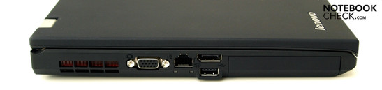 Lado Esquedo: Ventilador, VGA, RJ45 (LAN), dois USB 2.0s, compartimento para disco rígido