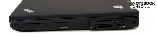 Lado Direito: conector de áudio combinado, drive ótico, ExpressCard34, Leitor de Cartões 4em1, USB 2.0, entrada combinada USB/eSATA, compartimento de segurança Kensington