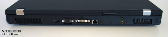 Lado Posterior: Porto para Tela, VGA, DVI, LAN, Conector de Força