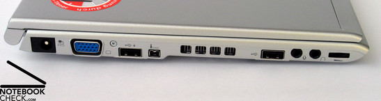 Lado Esquerdo: Portas de rede, saída VGA, USB, FireWire, Dissipador, Áudio.