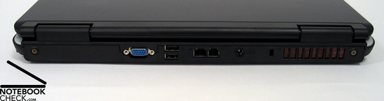 Lado Posterior: Saída VGA, 2x USB 2.0, Rede, Modem, Conector de Força, Trava Kensington, Ventilador