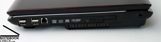 Right side: 4 x USB, Modem, HD DVD Drive, Fan, Kensington Lock