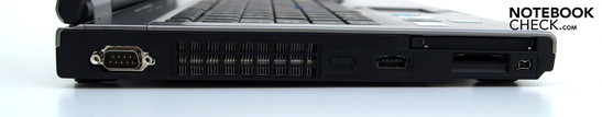 Lado esquerdo: Conector Série, Ventilador, Interruptor WiFi, eSATA/USB combinado, Leitor de cartões PC (Typ II), leitor de cartões 5-em-1, FireWire