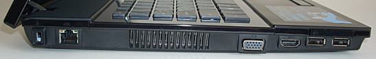 Lado Esquerdo: Trava Kensington, LAN, louver, D-Sub/VGA, HDMI, ExpressCard/34, 2x USB