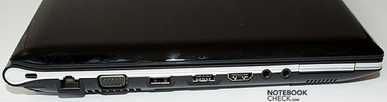 Lado esquerdo: Trava Kensington, LAN, VGA, USB, USB/eSATA, HDMI, saídas de áudio, ExpressCard/34