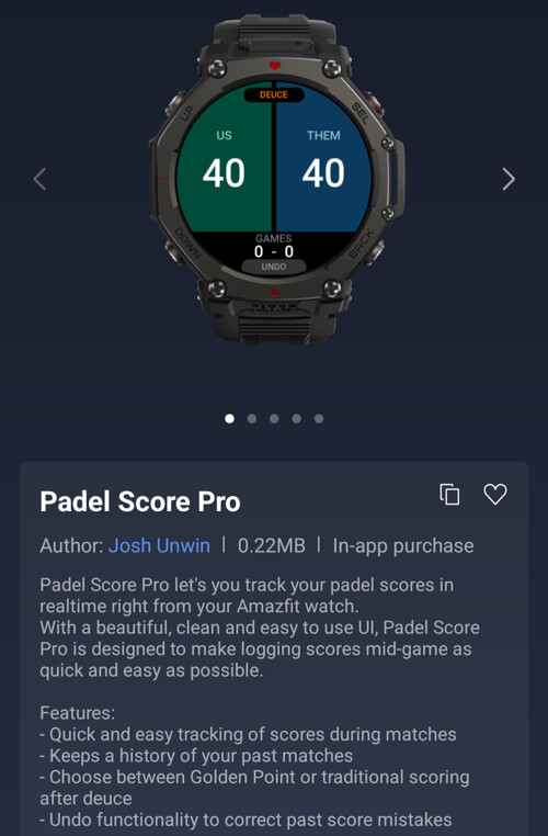 O aplicativo Padel Score Pro Mini para Smartwatches Amazfit