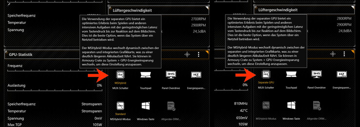 Apenas uma pequena seção dentro do software Armoury Crate indica se o modo Optimus ("MSHybrid") ou o modo dGPU ("Separate GPU") está ativo.