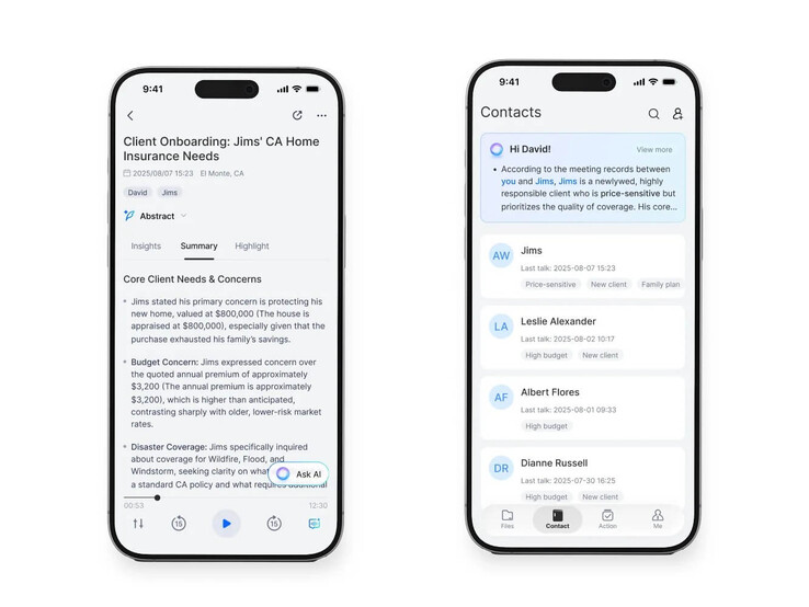 À esquerda, há um resumo típico. Indivíduos nomeados podem ser adicionados a uma lista de contatos.