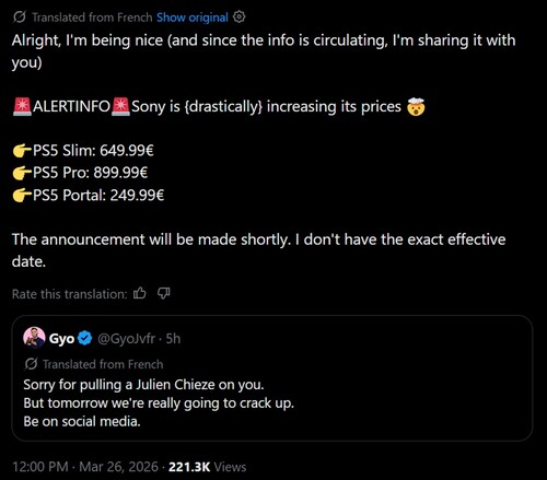 Rumor de aumento de preço do PS5 traduzido por máquina no X