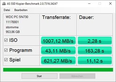 AS SSD resultados do benchmark de cópia