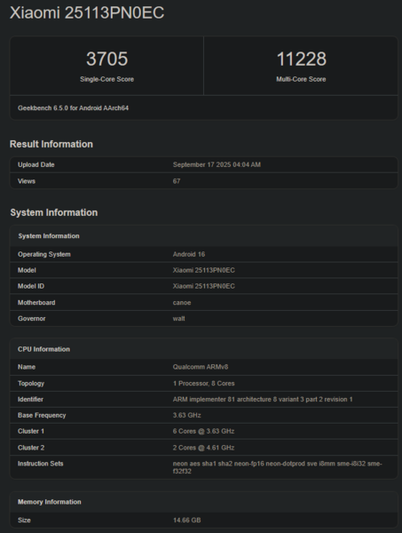 Pontuação do Geekbench do novo Snapdragon 8 Elite Gen 5 (fonte da imagem: Geekbench)