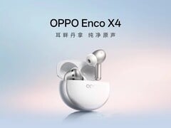 Uma imagem promocional apresentando os fones de ouvido Oppo Enco X4 na cor branca.