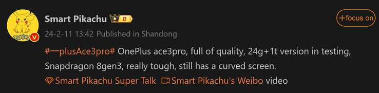 Smart Pikachu compartilha informações iniciais do OnePlus Ace 3 Pro (Fonte da imagem: Weibo)
