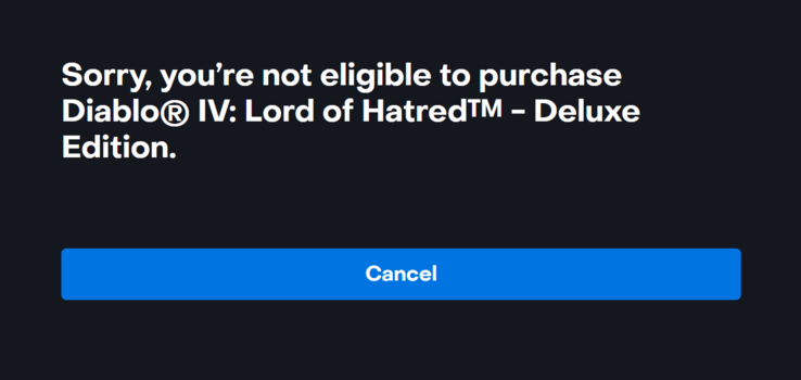 Erro de compra do Diablo 4 Lord of Hatred (fonte da imagem: própria)