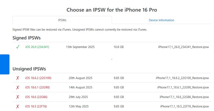 A partir de 23 de setembro, o iOS 26.0 é a única versão assinada do iOS disponível para a série iPhone 16 e outros dispositivos iOS 26. (Fonte da imagem: IPSW)