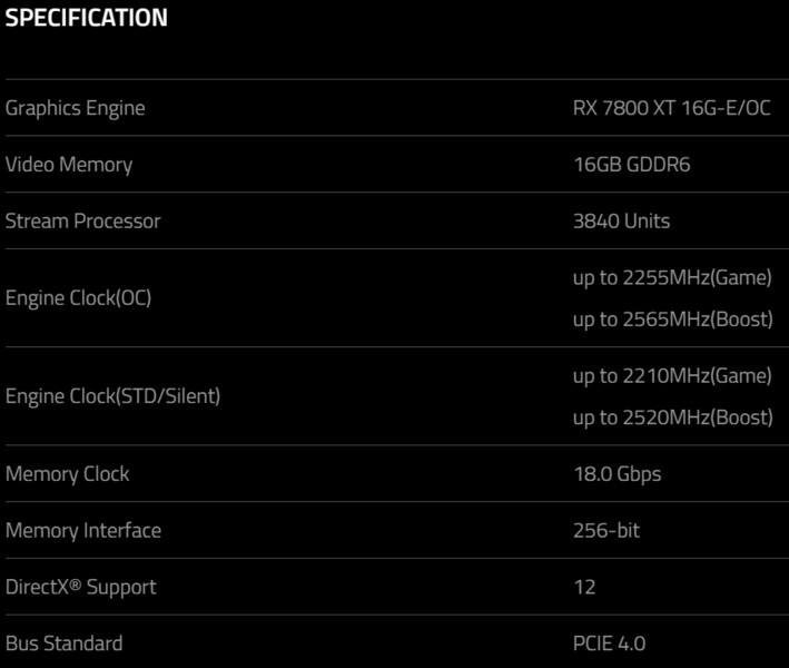 Especificações da AMD Radeon RX 7800 XT (imagem via PowerColor/Videocardz)