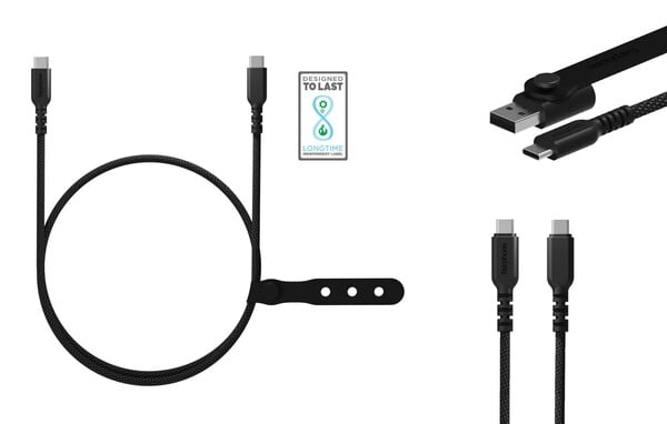 Os cabos USB-C da Fairphone são trançados e vêm com um adaptador USB-A. (Fonte da imagem: Fairphone)