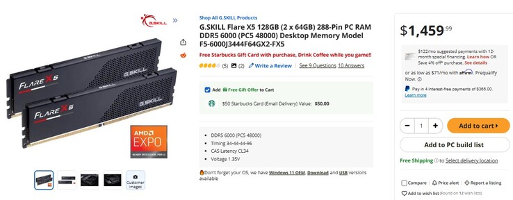 Listagem da memória RAM G.Skill Flare DDR5. (Fonte da imagem: Newegg)