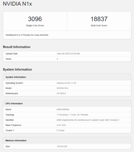 Listagem do Geekbench do Nvidia N1X (fonte da imagem: Geekbench)