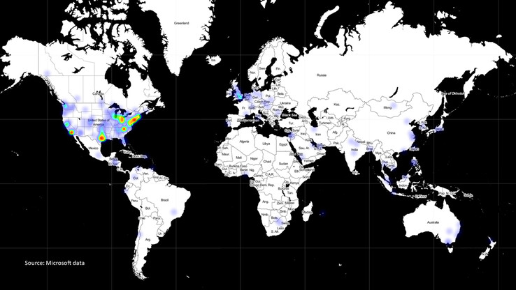 Este mapa de calor indica que a maioria dos dispositivos alvo estavam nos Estados Unidos (Fonte de imagem: Microsoft)