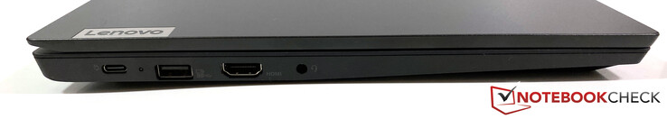 Lado esquerdo: Uma porta Thunderbolt 4, uma porta USB-A 3.1 Gen 1 (Always On), saída HDMI 1.4, conector combinado fone de ouvido/microfone