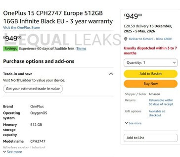 Listagem do OnePlus 15 na Amazon UK (Fonte da imagem: Equal Leaks)