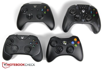 No sentido horário, a partir do canto superior esquerdo: Controlador Microsoft Xbox One, Controlador Turtle Beach Recon, Razer Wolverine V2 Chroma, Controlador Microsoft Xbox 360