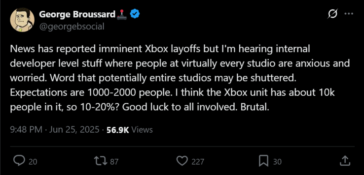 George Broussard Xbox layoffs rumor (Fonte da imagem: captura de tela, conta George Broussard X)