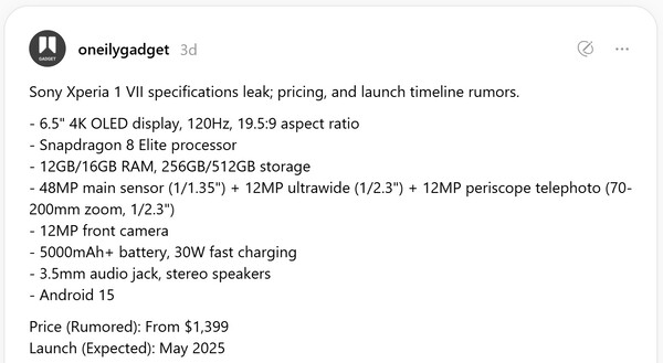 Supostas especificações do Sony Xperia 1 VII. (Fonte da imagem: oneilygadget)